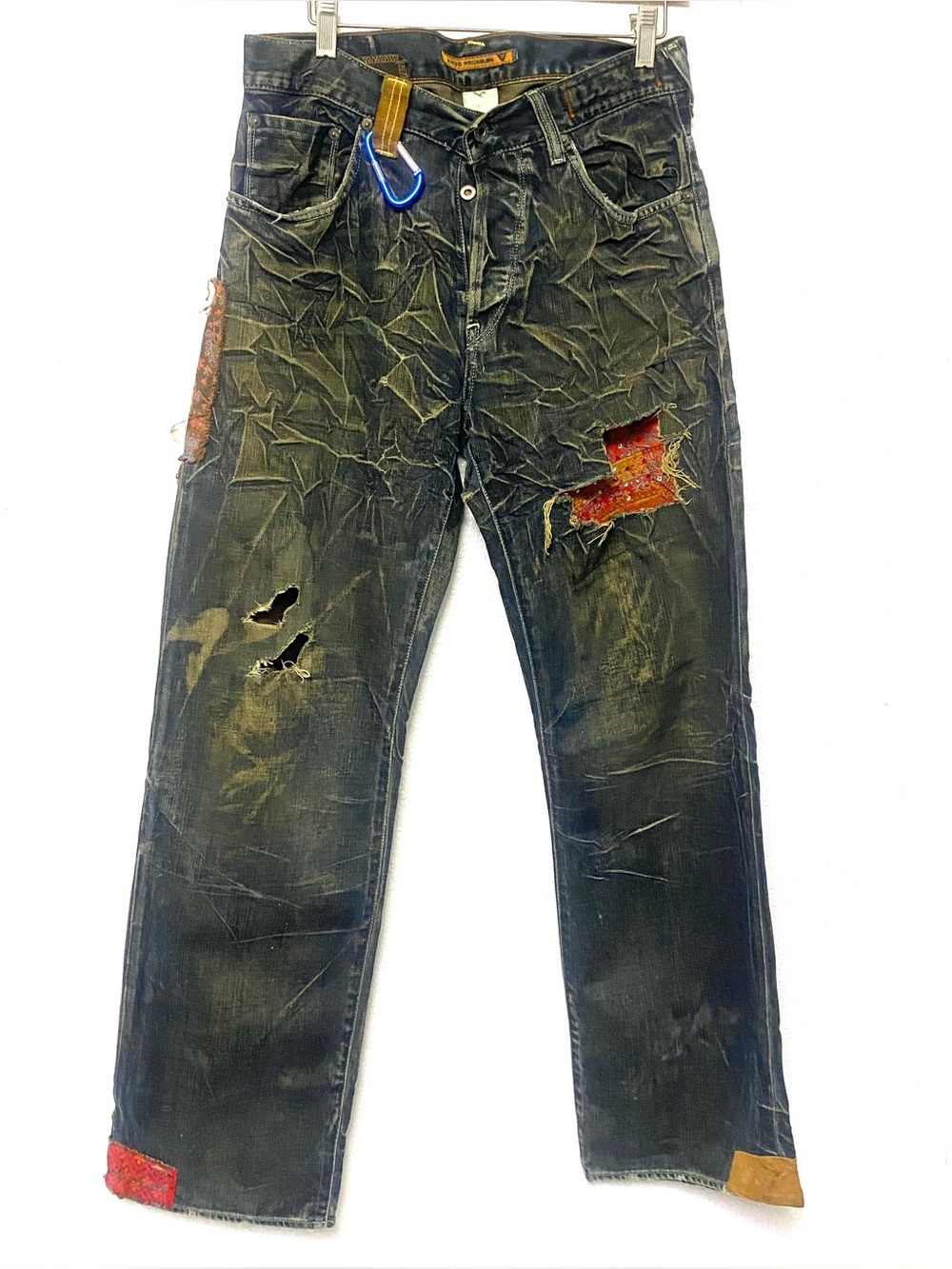 Guess Vintage Distressed Black Patchwork Jeans with Red Accents
  Inseam 32”